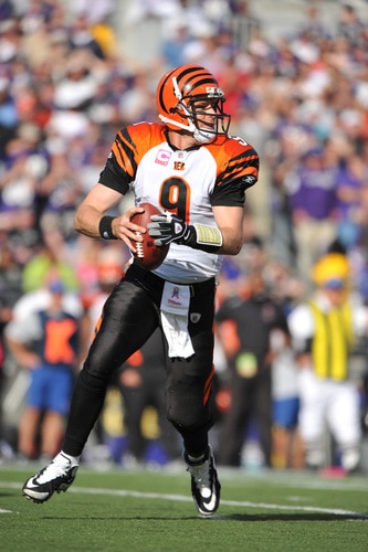 BALTIMORE - OCTOBER 11:  Carson Palmer #9 of the Cincinnati Bengals looks to pass against the Baltimore Ravens at M&T Bank Stadium on October 11, 2009 in Baltimore, Maryland. The Bengals defeated the Ravens 17-14. <br /><br /><span class="help">(Photo by Larry French/Getty Images)</span>