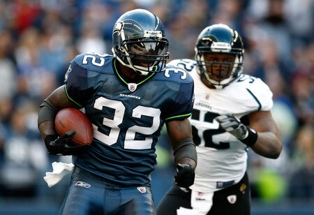 SEATTLE, WA - OCTOBER 11:  Edgerrin James #32 of the Seattle Seahawks runs with the ball against the Jacksonville Jaguars at Qwest Field on October 11, 2009 in Seattle, Washington.  <br /><br /><span class="help">(Photo by Jonathan Ferrey/Getty Images)</span>