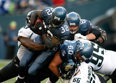 SEATTLE, WA - OCTOBER 11:  Edgerrin James #32 of the Seattle Seahawks runs with the ball against the Jacksonville Jaguars at Qwest Field on October 11, 2009 in Seattle, Washington.  <br /><br /><span class="help">(Photo by Jonathan Ferrey/Getty Images)</span>