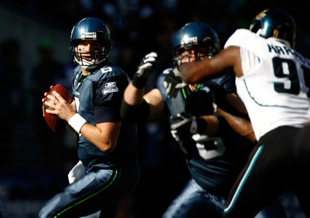 SEATTLE, WA - OCTOBER 11:  Quarterback Matt Hasselbeck #8 of the Seattle Seahawks looks to throw the ball against the Jacksonville Jaguars at Qwest Field on October 11, 2009 in Seattle, Washington.  <br /><br /><span class="help">(Photo by Jonathan Ferrey/Getty Images)</span>