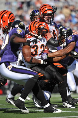BALTIMORE - OCTOBER 11:  Cedric Benson #32 of the Cincinnati Bengals runs the ball in for a touchdown against the Baltimore Ravens at M&T Bank Stadium on October 11, 2009 in Baltimore, Maryland. The Bengals defeated the Ravens 17-14. <br /><br /><span class="help">(Photo by Larry French/Getty Images)</span>