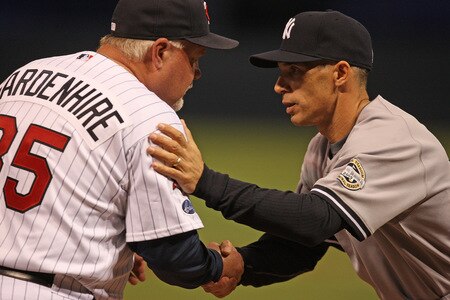 MINNEAPOLIS - OCTOBER 11: Manager Joe Girardi #27 of the New York Yankees greets manager Ron Gardenhire #35 of the Minnesota Twins before Game Three of the ALDS during the 2009 MLB Playoffs at the Hubert H. Humphrey Metrodome on October 11, 2009 in Minneapolis, Minnesota. <br /><br /><span class="help">(Photo by Jonathan Daniel/Getty Images)</span>