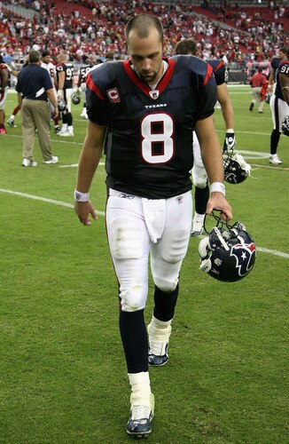 GLENDALE, AZ - OCTOBER 11: Quarterback Matt Schaub #8 of the Houston Texans walks off the field following the NFL game against the Arizona Cardinals at the Universtity of Phoenix Stadium on October 11, 2009 in Glendale, Arizona. <br /><br /><span class="help">(Photo by Christian Petersen/Getty Images)</span>