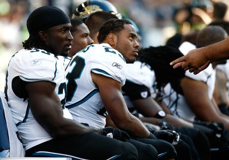 SEATTLE, WA - OCTOBER 11:  Greg Jones #33 ad Rashad Jennings #23 of the Jacksonville Jaguars show their dejection against on the bench against the Seattle Seahawks at Qwest Field on October 11, 2009 in Seattle, Washington.  <br /><br /><span class="help">(Photo by Jonathan Ferrey/Getty Images)</span>