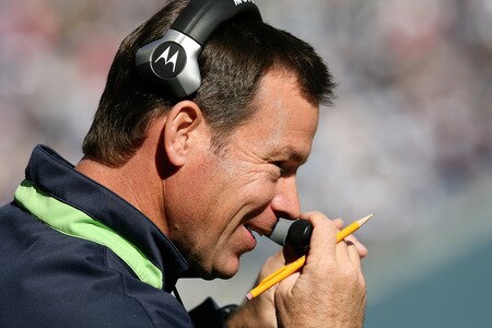 SEATTLE - OCTOBER 11:  Head coach Jim Mora of the Seattle Seahawks looks on during the game against the Jacksonville Jaguars on October 11, 2009 at Qwest Field in Seattle, Washington. The Seahawks defeated the Jaguars 41-0. <br /><br /><span class="help">(Photo by Otto Greule Jr/Getty Images)</span>