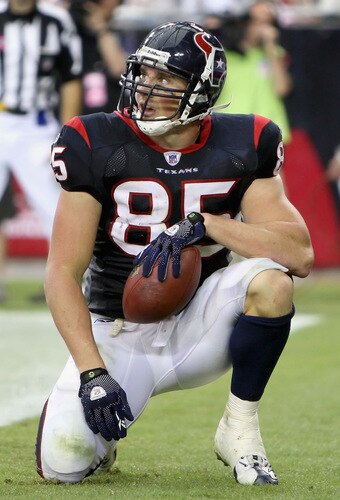 GLENDALE, AZ - OCTOBER 11: Tight end Joel Dreessen #85 of the Houston Texans reacts after catching the ball out of the endzone during the fourth quarter of the NFL game against the Arizona Cardinals at the Universtity of Phoenix Stadium on October 11, 2009 in Glendale, Arizona. <br /><br /><span class="help">(Photo by Christian Petersen/Getty Images)</span>