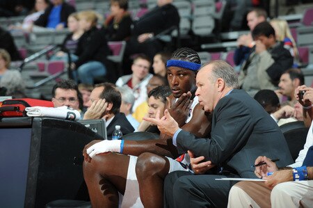AUBURN HILLS, MI - OCTOBER 11:  Kwame Brown #38 of the Detroit Pistons listens to Head Coach John Keuster while taking on the Atlanta Hawks in a preseason game at the Palace of Auburn Hills on October 11, 2009 in Auburn Hills, Michigan.  <br /><br /><span class="help">(Photo by Allen Einstein/NBAE via Getty Images)</span>