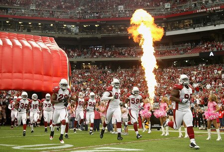 GLENDALE, AZ - OCTOBER 11: Gabe Watson #98 of the Arizona Cardinals leads teammates onto the field prior to the NFL game against the Houston Texans at the Universtity of Phoenix Stadium on October 11, 2009 in Glendale, Arizona. <br /><br /><span class="help">(Photo by Christian Petersen/Getty Images)</span>