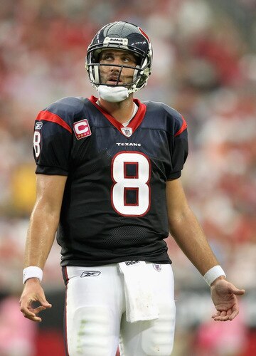GLENDALE, AZ - OCTOBER 11: Quarterback Matt Schaub #8 of the Houston Texans reacts to a call during the NFL game against the Arizona Cardinals at the Universtity of Phoenix Stadium on October 11, 2009 in Glendale, Arizona. <br /><br /><span class="help">(Photo by Christian Petersen/Getty Images)</span>