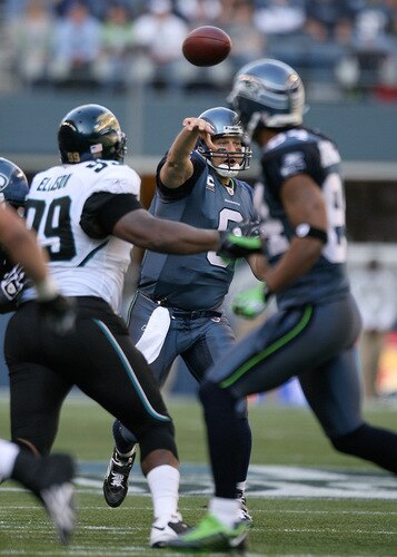 SEATTLE - OCTOBER 11:  Quarterback Matt Hasselbeck #8 of the Seattle Seahawks passes against the Jacksonville Jaguars on October 11, 2009 at Qwest Field in Seattle, Washington. The Seahawks defeated the Jaguars 41-0. <br /><br /><span class="help">(Photo by Otto Greule Jr/Getty Images)</span>