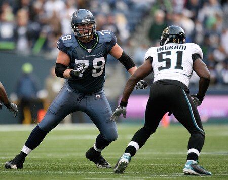 SEATTLE - OCTOBER 11:  Offensive tackle Kyle Williams #78 of the Seattle Seahawks pass blocks against Clint Ingram #51 of the Jacksonville Jaguars on October 11, 2009 at Qwest Field in Seattle, Washington. The Seahawks defeated the Jaguars 41-0. <br /><br /><span class="help">(Photo by Otto Greule Jr/Getty Images)</span>