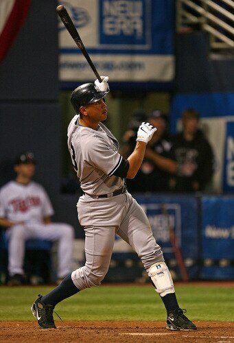 MINNEAPOLIS - OCTOBER 11: Alex Rodriguez #13 of the New York Yankees follows the flight of his solo home run in the 7th inning against the Minnesota Twins in Game Three of the ALDS during the 2009 MLB Playoffs at the Hubert H. Humphrey Metrodome on October 11, 2009 in Minneapolis, Minnesota. <br /><br /><span class="help">(Photo by Jonathan Daniel/Getty Images)</span>