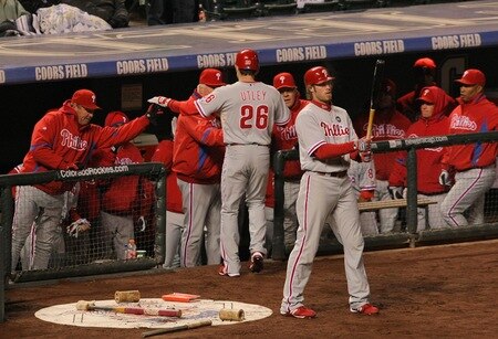 DENVER - OCTOBER 11:  Chase Utley #26 of the Philadelphia Phillies is congratulated by manager Charlie Manuel #41 after hitting a home run against the Colorado Rockies in the first inning in Game Three of the NLDS during the 2009 MLB Playoffs at Coors Field on October 11, 2009 in Denver, Colorado. <br /><br /><span class="help">(Photo by Doug Pensinger/Getty Images)</span>