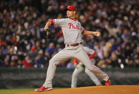 DENVER - OCTOBER 11:  J.A. Happ #43 of the Philadelphia Phillies pitches against the Colorado Rockies in Game Three of the NLDS during the 2009 MLB Playoffs at Coors Field on October 11, 2009 in Denver, Colorado. <br /><br /><span class="help">(Photo by Jed Jacobsohn/Getty Images)</span>