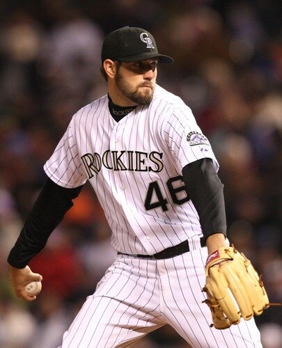 DENVER - OCTOBER 11:  Jason Hammel #46 of the Colorado Rockies pitches against the Philadelphia Phillies in Game Three of the NLDS during the 2009 MLB Playoffs at Coors Field on October 11, 2009 in Denver, Colorado.  <br /><br /><span class="help">(Photo by Jed Jacobsohn/Getty Images)</span>
