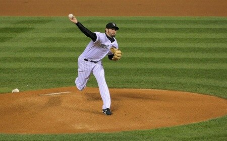 DENVER - OCTOBER 11:  Jason Hammel #46 of the Colorado Rockies pitches against the Philadelphia Phillies in Game Three of the NLDS during the 2009 MLB Playoffs at Coors Field on October 11, 2009 in Denver, Colorado.  <br /><br /><span class="help">(Photo by Doug Pensinger/ Getty Images)</span>