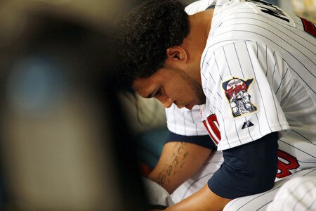MINNEAPOLIS, MN - OCTOBER 11: Pitcher Jose Mijares #50 of the Minnesota Twins hangs his head in disappointment after being benched in the ninth inning against the New York Yankees in Game Three of the ALDS during the 2009 MLB Playoffs at the Hubert H. Humphrey Metrodome on October 11, 2009 in Minneapolis, Minnesota. The Yankees defeated the Twins 4-1. <br /><br /><span class="help">(Photo by Genevieve Ross/Getty Images)</span>