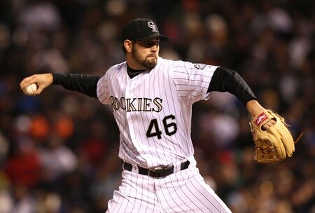 DENVER - OCTOBER 11:  Jason Hammel #46 of the Colorado Rockies pitches against the Philadelphia Phillies in Game Three of the NLDS during the 2009 MLB Playoffs at Coors Field on October 11, 2009 in Denver, Colorado.  <br /><br /><span class="help">(Photo by Jed Jacobsohn/ Getty Images)</span>