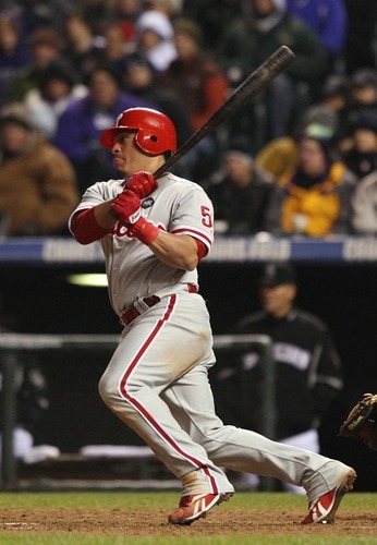 DENVER - OCTOBER 11:  Carlos Ruiz #51 of the Philadelphia Phillies a RBI single in the top of the sixth inning against the Colorado Rockies in Game Three of the NLDS during the 2009 MLB Playoffs at Coors Field on October 11, 2009 in Denver, Colorado. <br /><br /><span class="help">(Photo by Jed Jacobsohn/Getty Images)</span>
