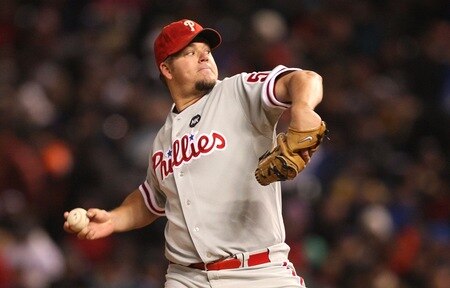 DENVER - OCTOBER 11:  Joe Blanton #56 of the Philadelphia Phillies pitches against the Colorado Rockies in Game Three of the NLDS during the 2009 MLB Playoffs at Coors Field on October 11, 2009 in Denver, Colorado. <br /><br /><span class="help">(Photo by Jed Jacobsohn/Getty Images)</span>