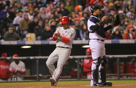 ENVER - OCTOBER 11:  Shane Victorino #8 of the Philadelphia Phillies reacts as he scores in the top of the fourth inning against the Colorado Rockies in Game Three of the NLDS during the 2009 MLB Playoffs at Coors Field on October 11, 2009 in Denver, Colorado. <br /><br /><span class="help">(Photo by Doug Pensinger/Getty Images)</span>