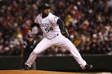 DENVER - OCTOBER 11:  Jose Contreras #54 of the Colorado Rockies pitches against the Philadelphia Phillies in Game Three of the NLDS during the 2009 MLB Playoffs at Coors Field on October 11, 2009 in Denver, Colorado.  <br /><br /><span class="help">(Photo by Jed Jacobsohn/ Getty Images)</span>