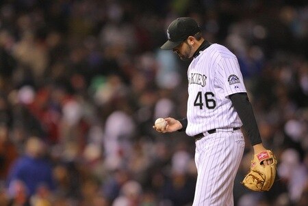 DENVER - OCTOBER 11:  Jason Hammel #46 of the Colorado Rockies reflects after giving up a run against the Philadelphia Phillies in Game Three of the NLDS during the 2009 MLB Playoffs at Coors Field on October 11, 2009 in Denver, Colorado.  <br /><br /><span class="help">(Photo by Doug Pensinger/ Getty Images)</span>