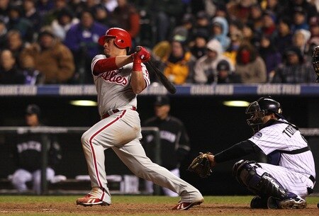 DENVER - OCTOBER 11:  Carlos Ruiz #51 of the Philadelphia Phillies hits a RBI single in the top of the sixth inning against the Colorado Rockies in Game Three of the NLDS during the 2009 MLB Playoffs at Coors Field on October 11, 2009 in Denver, Colorado. <br /><br /><span class="help">(Photo by Jed Jacobsohn/Getty Images)</span>