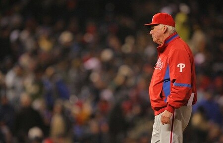 DENVER - OCTOBER 11:  Manager Charlie Manuel #41 of the Philadelphia Phillies waits on the mound during a pitching change against the Colorado Rockies in Game Three of the NLDS during the 2009 MLB Playoffs at Coors Field on October 11, 2009 in Denver, Colorado. <br /><br /><span class="help">(Photo by Doug Pensinger/Getty Images)</span>