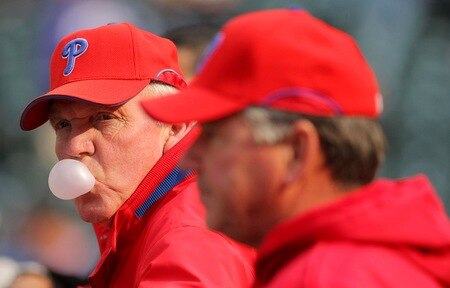 DENVER - OCTOBER 12:  Charlie Manuel #41 of the Philadelphia Phillies blows a bubble with gum as he watches batting practice before the game against the Colorado Rockies in Game Four of the NLDS during the 2009 MLB Playoffs at Coors Field on October 12, 2009 in Denver, Colorado.  <br /><br /><span class="help">(Photo by Doug Pensinger/Getty Images)</span>