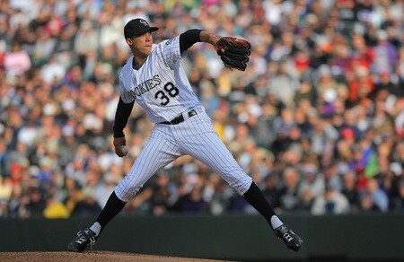 DENVER - OCTOBER 11:  Ubaldo Jimenez #38 of the Colorado Rockies pitches against the Philadelphia Phillies in Game Four of the NLDS during the 2009 MLB Playoffs at Coors Field on October 12, 2009 in Denver, Colorado.  <br /><br /><span class="help">(Photo by Doug Pensinger/Getty Images)</span>