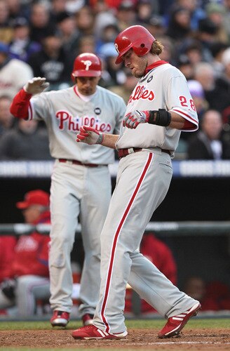 DENVER - OCTOBER 11:  Jayson Werth #28 of the Philadelphia Phillies crosses home plate after hitting a solo home run in the top of the sixth inning against the Colorado Rockies in Game Four of the NLDS during the 2009 MLB Playoffs at Coors Field on October 12, 2009 in Denver, Colorado. <br /><br /><span class="help">(Photo by Jed Jacobsohn/Getty Images)</span>