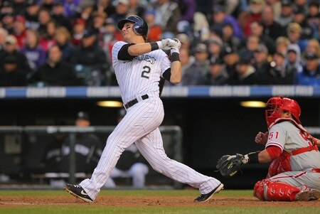 DENVER - OCTOBER 12:  Troy Tulowitzki #2 of the Colorado Rockies hits an RBI double in the bottom of the sixth to drive in Todd Helton #17 against the Philadelphia Phillies in Game Four of the NLDS during the 2009 MLB Playoffs at Coors Field on October 12, 2009 in Denver, Colorado.  <br /><br /><span class="help">(Photo by Doug Pensinger/Getty Images)</span>