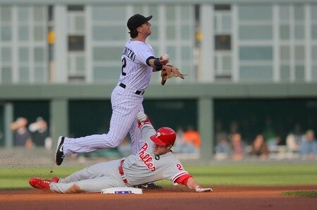 DENVER - OCTOBER 12:  Troy Tulowitzki #2 of the Colorado Rockies throws to first base after forcing out Chase Utley #26 of the Philadelphia Phillies at second base in Game Four of the NLDS during the 2009 MLB Playoffs at Coors Field on October 12, 2009 in Denver, Colorado.  <br /><br /><span class="help">(Photo by Doug Pensinger/Getty Images)</span>