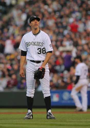 DENVER - OCTOBER 11:  Ubaldo Jimenez #38 of the Colorado Rockies reacts after he gave up a solo home run to Jayson Werth #28 of the Philadelphia Phillies in the top of the sixth inning against the Colorado Rockies in Game Four of the NLDS during the 2009 MLB Playoffs at Coors Field on October 12, 2009 in Denver, Colorado. <br /><br /><span class="help">(Photo by Doug Pensinger/Getty Images)</span>