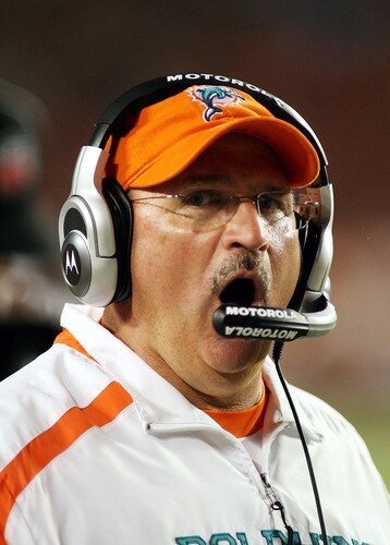 MIAMI - OCTOBER 12:  Coach Tony Sparano of the Miami Dolphins shouts instructions against the New York Jets fans prior to their game at Land Shark Stadium on October 12, 2009 in Miami, Florida.  <br /><br /><span class="help">(Photo by Marc Serota/Getty Images)</span>