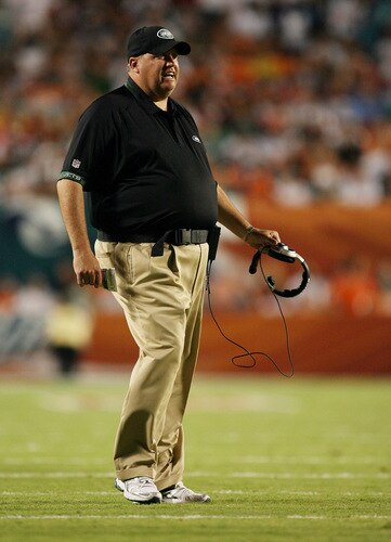 MIAMI - OCTOBER 12:  Head coach Rex Ryan of the New York Jets calls out to his defense while taking on the Miami Dolphins at Land Shark Stadium on October 12, 2009 in Miami, Florida.  <br /><br /><span class="help">(Photo by Doug Benc/Getty Images)</span>
