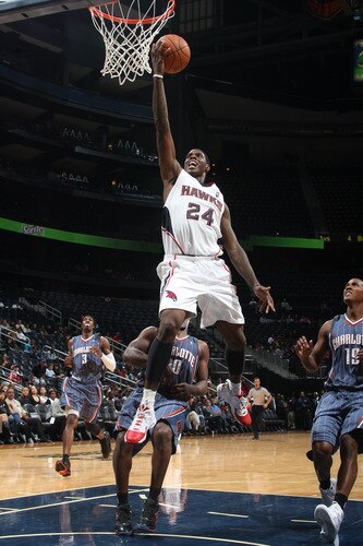 ATLANTA - OCTOBER 12: Marvin Williams #24 of the Atlanta Hawks puts up a shot against the Charlotte Bobcats during a preseason game on October 12, 2009 at Philips Arena in Atlanta, Georgia.  <br /><br /><span class="help">(Photo by Scott Cunningham/NBAE via Getty Images)</span>