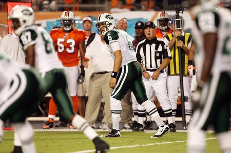 MIAMI - OCTOBER 12:  Quarterback Mark Sanchez #6 of the New York Jets lines up at wide receiver for a play against the Miami Dolphins at Land Shark Stadium on October 12, 2009 in Miami, Florida.  <br /><br /><span class="help">(Photo by Doug Benc/Getty Images)</span>
