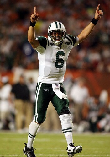 MIAMI - OCTOBER 12:  Quarterback Mark Sanchez #6 of the New York Jets celebrates a touchdown against the Miami Dolphins at Land Shark Stadium on October 12, 2009 in Miami, Florida.  <br /><br /><span class="help">(Photo by Marc Serota/Getty Images)</span>