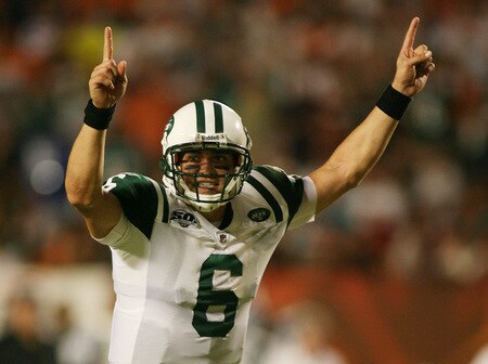 MIAMI - OCTOBER 12:  Quarterback Mark Sanchez #6 of the New York Jets celebrate a touchdown against the Miami Dolphins at Land Shark Stadium on October 12, 2009 in Miami, Florida.  <br /><br /><span class="help">(Photo by Marc Serota/Getty Images)</span>