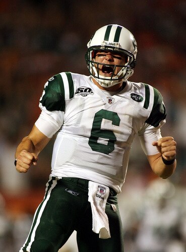 MIAMI - OCTOBER 12:  Quarterback Mark Sanchez #6 of the New York Jets celebrate a touchdown against the Miami Dolphins at Land Shark Stadium on October 12, 2009 in Miami, Florida.  <br /><br /><span class="help">(Photo by Marc Serota/Getty Images)</span>