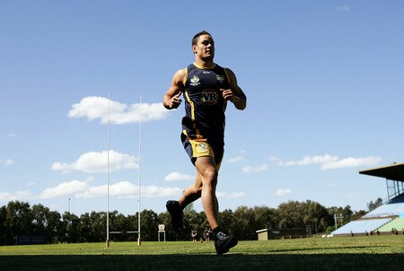 SYDNEY, AUSTRALIA - OCTOBER 13:  Jarryd Hayne of the Kangaroos runs around the oval during an Australian Kangaroos training session at Concord Oval on October 13, 2009 in Sydney, Australia.  <br /><br /><span class="help">(Photo by Robert Gray/Getty Images)</span>