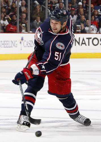 COLUMBUS, OH - OCTOBER 13:  Fedor Tyutin #51 of the Columbus Blue Jackets breaks his stick during a shot while playing the Calgary Flames on October 13, 2009 at Nationwide Arena in Columbus, Ohio. Columbus won the game 2-1.  <br /><br /><span class="help">(Photo by Gregory Shamus/Getty Images)</span>