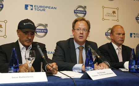 MADRID, SPAIN - OCTOBER 14: Per Ericsson (C) of Volvo Event Management talks to media as Seve Ballesteros (L) looks on during the press conference of the Volvo World Match Play Championship 2009 presentation at Intercontinental Hotel on October 14, 2009 in Madrid, Spain. Ballesteros, who is recovering from cancer which has left him partially blind in his left eye, is hopeful that he'll be able to take part in the upcoming Volvo World Match Play. <br /><br /><span class="help">(Photo by Angel Martinez/Getty Images)</span>