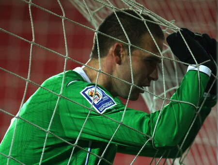PRAGUE, CZECH REPUBLIC - OCTOBER 14:  David Healy of Northern Ireland reacts during the FIFA 2010 World Cup Group 3 Qualifier match between Czech Republic and Northern Ireland at the Synot Tip Arena on October 14, 2009 in Prague, Czech Republic.  <br /><br /><span class="help">(Photo by Alexander Hassenstein/Getty Images)</span>