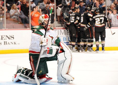 ANAHEIM, CA - OCTOBER 14:  Niklas Backstrom #32 of the Minnesota Wild reacts to allowing the second goal to Corey Perry #10 of the Anaheim Ducks to trail 2-0 during the first period at the Honda Center on October 14, 2009 in Anaheim, California.  <br /><br /><span class="help">(Photo by Harry How/Getty Images)</span>