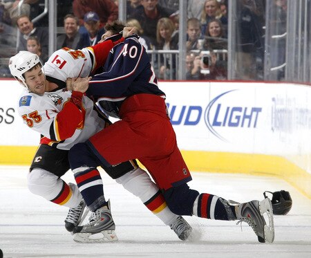 COLUMBUS, OH - OCTOBER 13: Brandon Prust #33 of the Calgary Flames fights Jared Boll #40 of the Columbus Blue Jackets on October 13, 2009 at Nationwide Arena in Columbus, Ohio.  <br /><br /><span class="help">(Photo by Gregory Shamus/Getty Images)</span>