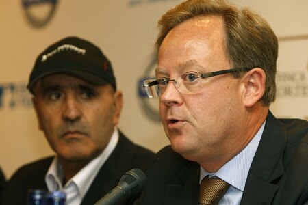 MADRID, SPAIN - OCTOBER 14: Per Ericsson of Volvo Event Management talks to media as Seve Ballesteros (L) looks on during the press conference of the Volvo World Match Play Championship 2009 presentation at Intercontinental Hotel on October 14, 2009 in Madrid, Spain. Ballesteros, who is recovering from cancer which has left him partially blind in his left eye, is hopeful that he'll be able to take part in the upcoming Volvo World Match Play. <br /><br /><span class="help">(Photo by Angel Martinez/Getty Images)</span>