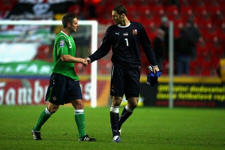 PRAGUE, CZECH REPUBLIC - OCTOBER 14:  Petr Cech (R) of Czech Republic shake hands with Stephen Craigan of Northern Ireland after the FIFA 2010 World Cup Group 3 Qualifier match between Czech Republic and Northern Ireland at the Synot Tip Arena on October 14, 2009 in Prague, Czech Republic.  <br /><br /><span class="help">(Photo by Alexander Hassenstein/Getty Images)</span>
